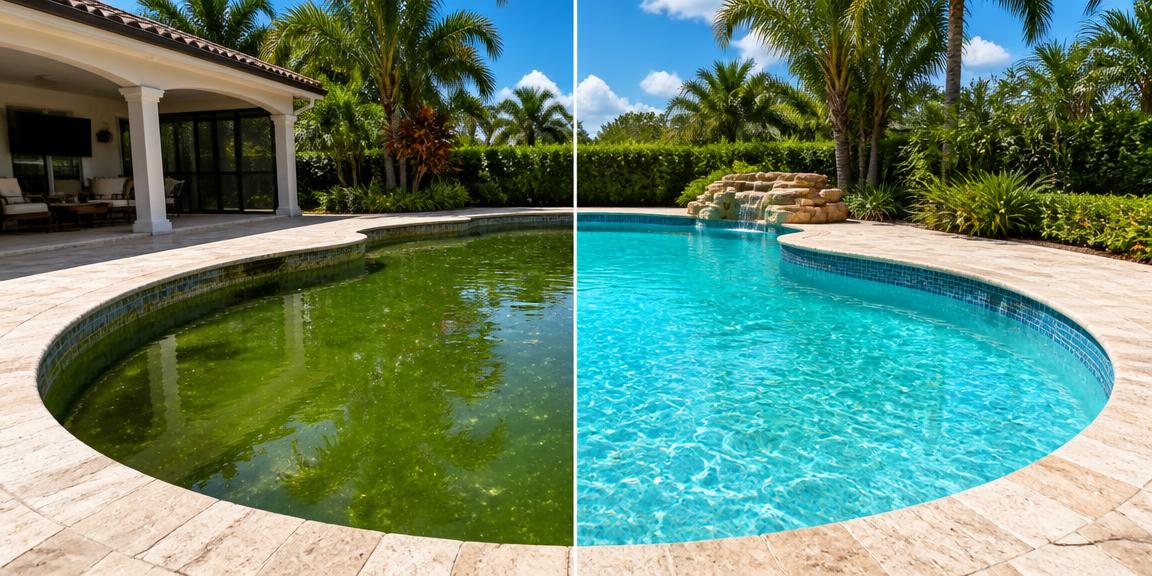 Pool recovery before and after: green water restored to crystal clear