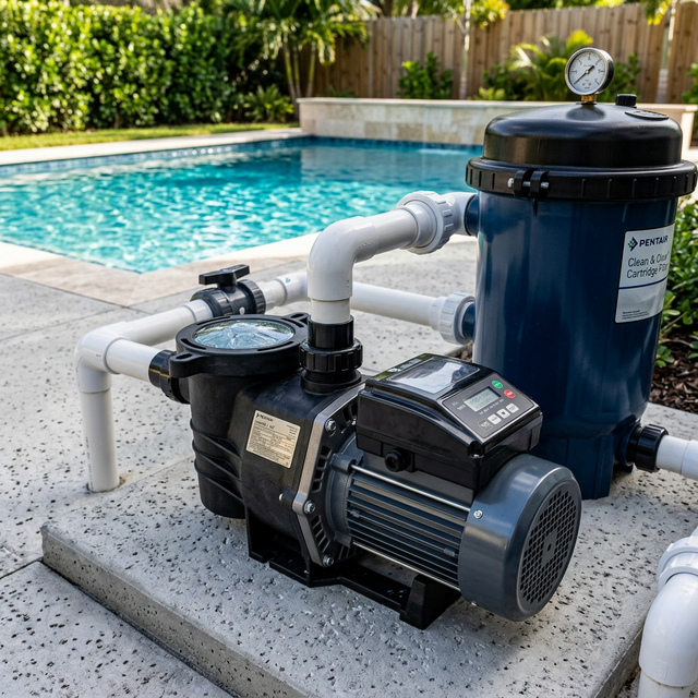 Newly installed Pentair pool pump, filter and valve plumbing