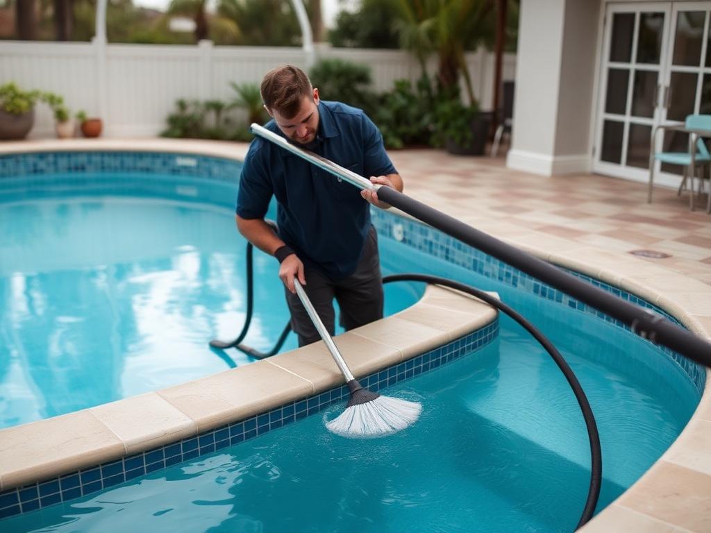 Lion's Pool technician brushing and vacuuming a pool