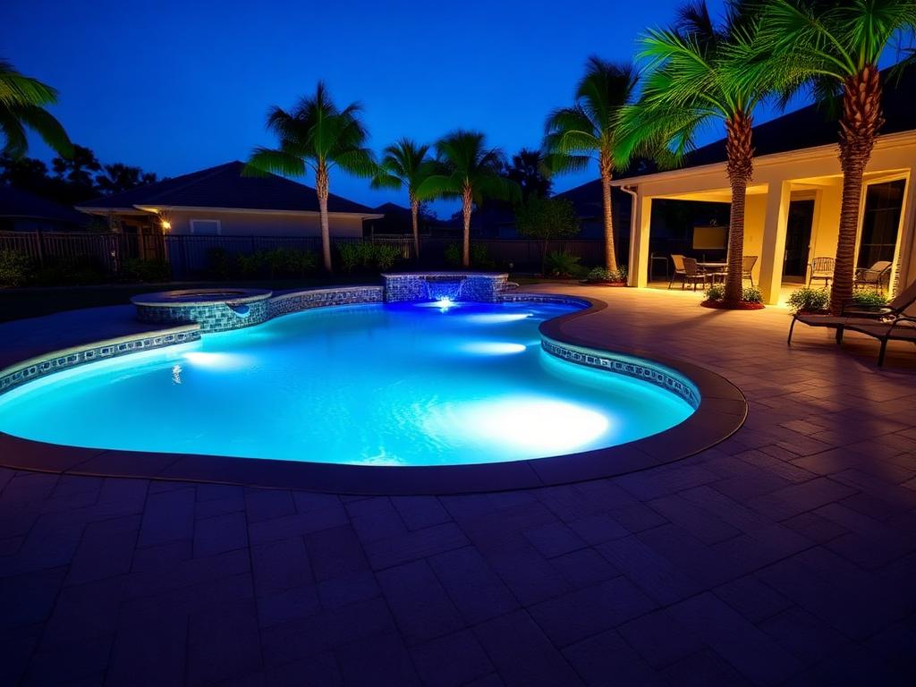 Pool at dusk with blue LED lighting